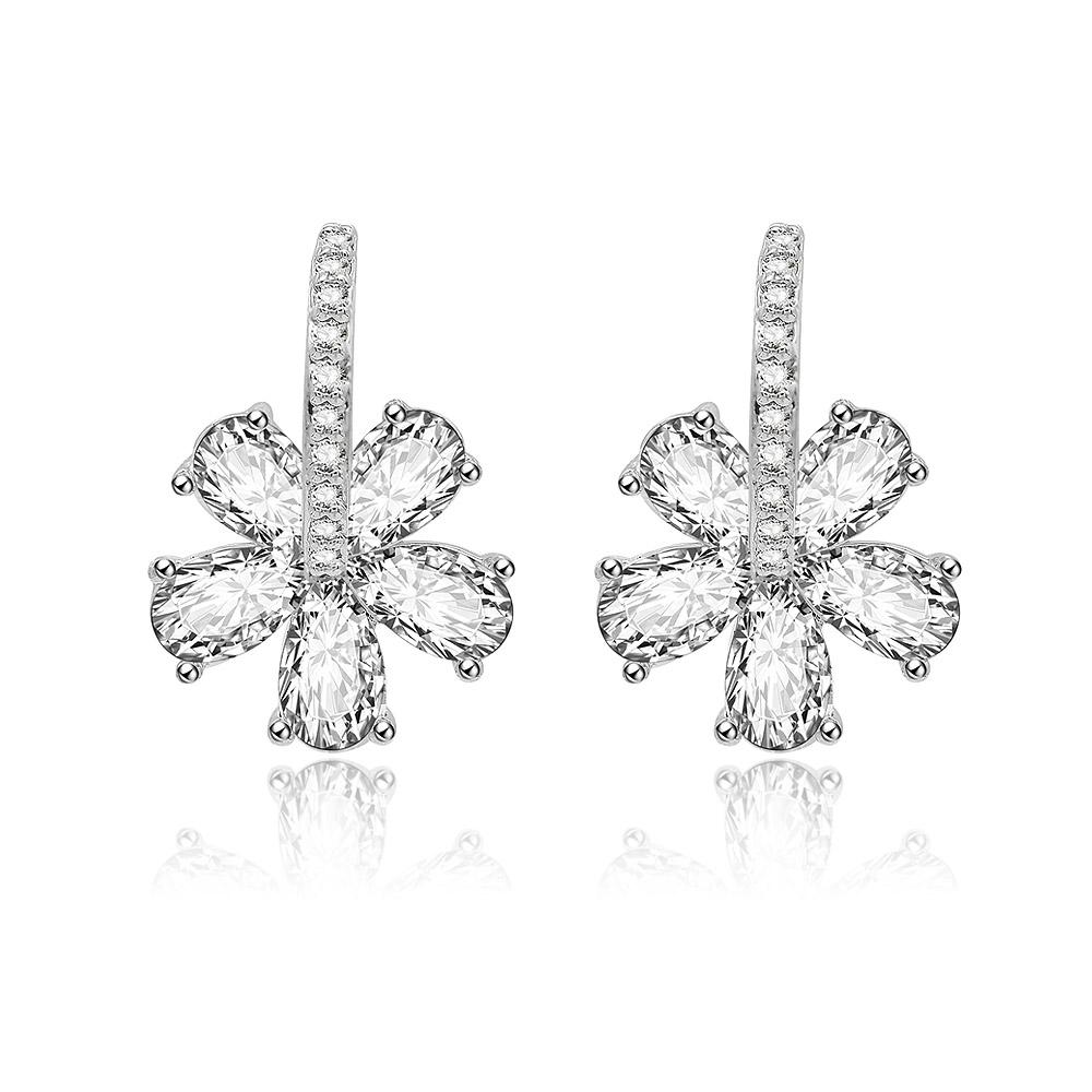 Crystal Hibiscus Flower Drop Earrings in Rhodium